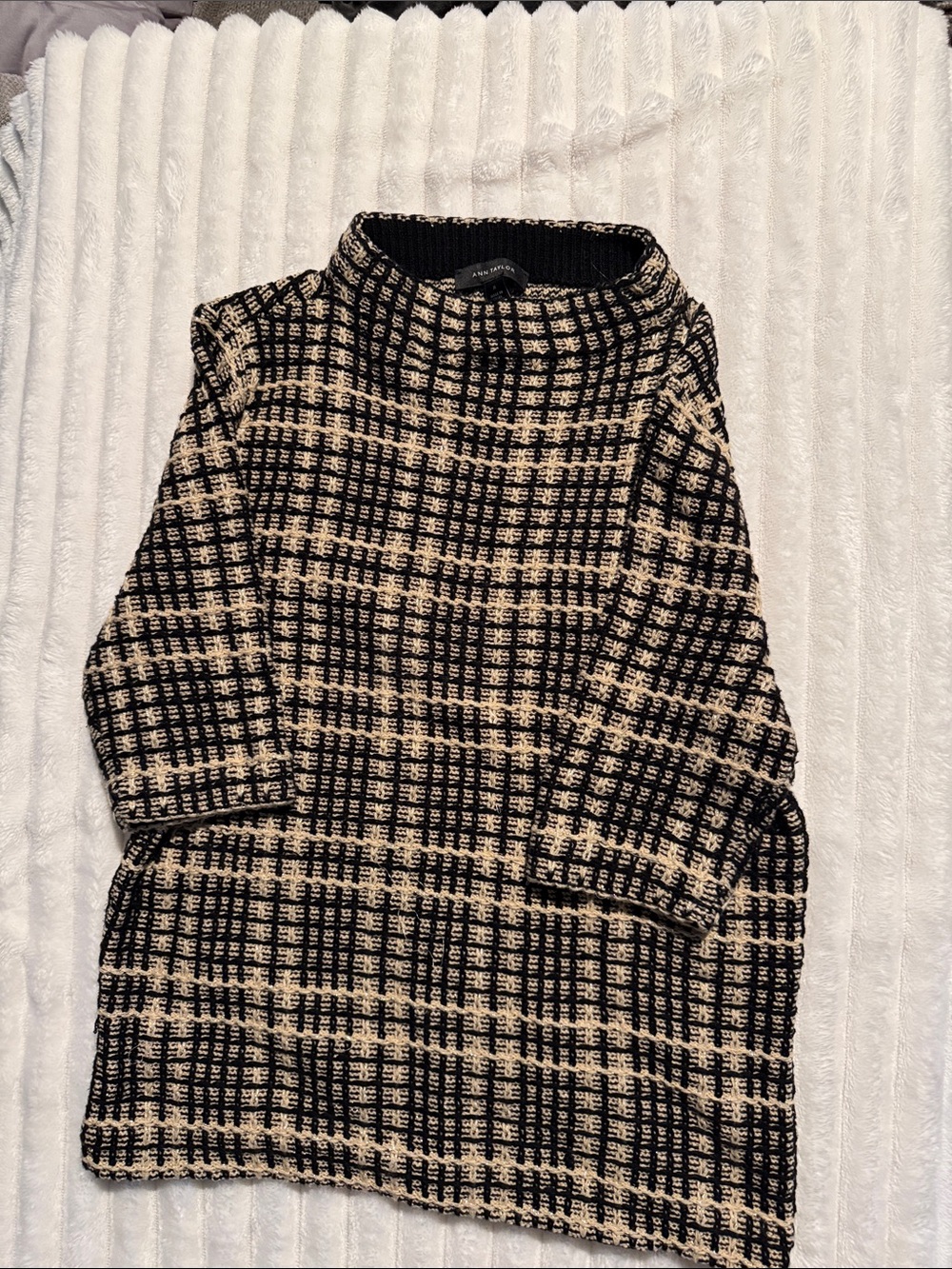 Ann Taylor Black and Cream Plaid Turtleneck Sweater